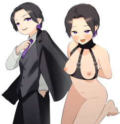Rule 34 | 1girl, arms behind back, barefoot, bdsm, black hair, black jacket, black pants, bondage, bottomless, bound, breasts, collared shirt, colored inner hair, cowboy shot, earclip, feet, formal clothes, grey vest, hand in pocket, harness, jacket, kai-o, kneeling, long sleeves, looking at viewer, medium breasts, mole, mole on breast, mole under eye, multicolored hair, multiple views, navel, necktie, nipples, original, pants, parted lips, purple eyes, purple hair, purple necktie, shirt, short hair, simple background, smile, striped jacket, striped shirt, suit, teeth, thighs, toes, upper teeth only, vertical-striped clothes, vertical-striped jacket, vertical-striped shirt, vest, white background, white shirt