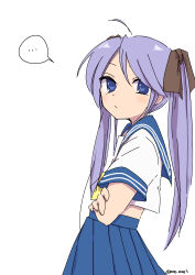 Rule 34 | ..., 1girl, absurdres, black bow, blue eyes, blue sailor collar, blue skirt, bow, crossed arms, hair bow, highres, hiiragi kagami, long hair, looking at viewer, lucky star, midriff peek, mop mop3, neckerchief, pleated skirt, purple hair, ryouou school uniform, sailor collar, school uniform, simple background, skirt, speech bubble, twitter username, white background, yellow neckerchief
