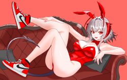 1girl air_jordan animal_ear_hairband animal_ears antenna_hair arknights bare_legs bound_tail bow bowtie breasts cleavage couch cross-shaped_pupils demon_tail detached_collar fake_animal_ears grey_hair hairband highres horns large_breasts leotard looking_at_viewer lying pillow playboy_bunny rabbit_ears red_background red_bow red_bowtie red_eyes red_horns red_leotard red_shoes sgt_syunkai2_(myyards) shoes short_hair sidelocks sneakers solo strapless strapless_leotard symbol-shaped_pupils tail w_(arknights) wis&#039;adel_(arknights)