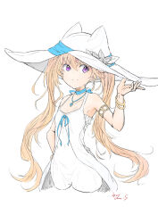 1girl armpits bare_shoulders blonde_hair blue_ribbon dress flower hat hat_flower highres iris_mysteria! ladis_(iris_mysteria!) neck_ribbon purple_eyes ribbon smile twintails umeshouga white_background white_dress white_hat witch_hat