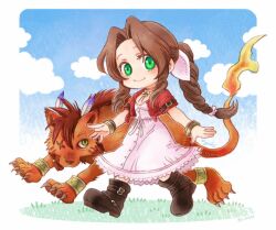 1boy 1girl aerith_gainsborough bangle beads boots bracelet braid braided_ponytail brown_footwear brown_hair buttons chibi choker closed_mouth cloud cloudy_sky cropped_jacket dress facial_mark feather_hair_ornament feathers final_fantasy final_fantasy_vii final_fantasy_vii_rebirth final_fantasy_vii_remake flame-tipped_tail flower_choker full_body grass green_eyes hachidori hair_beads hair_ornament hair_ribbon jacket jewelry light_blush long_dress long_hair looking_at_viewer orange_fur outdoors outstretched_arms parted_bangs pink_dress pink_ribbon red_hair red_jacket red_xiii ribbon scar scar_across_eye scar_on_face short_sleeves sidelocks single_braid sky smile twitter_username walking yellow_eyes
