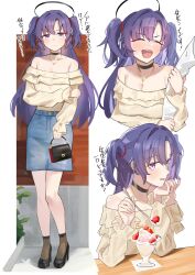 1girl 1other absurdres alternate_costume black_choker black_halo blue_archive choker dessert food halo hayashi_itsuki highres jewelry mechanical_halo necklace off_shoulder purple_eyes purple_hair sensei_(blue_archive) skirt translation_request yuuka_(blue_archive)