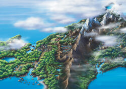absurdres bridge building city cloud fog forest harada_midori highres house lake mountain nature nintendo no_humans official_art pokemon pokemon_center pokemon_dppt scenery snow third-party_source town tree water wind_turbine windmill