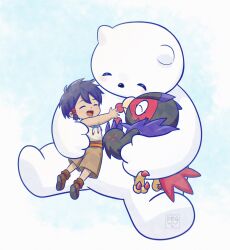 2boys beak black_feathers black_hair brown_shorts child closed_eyes digimon digimon_(creature) digimon_savers falcomon_(digimon_savers) family feathers full_body group_picture highres multiple_boys noguchi_ikuto short_hair shorts slayer_dramonz snowman talons yukidarumon