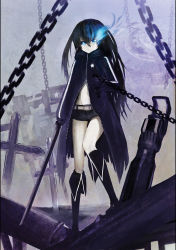 1girl absurdres asymmetrical_hair belt black_air black_boots black_coat black_gloves black_rock_shooter black_rock_shooter_(character) black_shorts blue_eyes boots chain coat female_focus flaming_eye full_body gloves grave hair_between_eyes highres holding holding_sword holding_weapon knee_boots long_hair looking_at_viewer mek midriff navel partially_unzipped scar short_shorts shorts solo standing star_(symbol) star_print stomach sword very_long_hair weapon