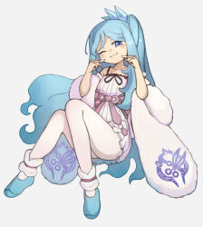 1girl :3 blue_eyes blue_hair blush boots breasts camisole collarbone duel_monster finger_to_cheek grey_background ishii_(young-moon) long_hair looking_at_viewer one_eye_closed rilliona_(yu-gi-oh!) simple_background small_breasts solo white_camisole white_fur witchcrafter_madame_verre yu-gi-oh!