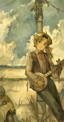 1girl absurdres android blue_pants bow brown_eyes cloud earrings green_hair hatsuseno_alpha highres holding holding_instrument instrument jewelry kornod landscape looking_at_viewer motor_vehicle outdoors pants scooter shirt solo vespa white_shirt yellow_bow yokohama_kaidashi_kikou yueqin