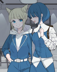 Rule 34 | 2girls, backpack, bag, belt, blonde hair, blue eyes, blue hair, blue jumpsuit, blue skirt, blunt bangs, breasts, closed eyes, commentary request, cone hair bun, cowboy shot, double bun, frilled shirt, frilled sleeves, frills, fukurai azami, hair bun, highres, hood, hood down, hoodie, jumpsuit, long sleeves, medium breasts, misaking0212, multiple girls, open mouth, profile, shirt, short hair, sidelocks, skirt, smile, standing, tomarigi yasumi, toshi densetsu kaitai center, white belt, white hoodie, white shirt