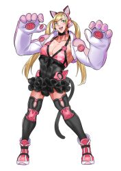 Rule 34 | 1boy, 1girl, abs, animal ears, animal hands, animal pose, black thighhighs, blonde hair, bulge, crossdressing, fake animal ears, full body, genderswap, genderswap (ftm), gloves, green eyes, headphones, lucky chloe, muscular, muscular male, p.maker, paw gloves, simple background, solo, tekken, tekken 7, thighhighs, twintails