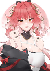 1girl absurdres bare_shoulders black_collar body_markings braid breasts changli_(wuthering_waves) cleavage collar commentary hair_extensions hair_ornament highres large_breasts looking_at_viewer multicolored_hair orange_eyes parted_lips pink_hair ring_hair_extensions smile solo sutchcliff twin_braids two-tone_hair upper_body white_hair wuthering_waves