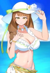 1girl bikini braid breasts brown_hair cleavage fire_emblem fire_emblem_engage fire_emblem_heroes flower gold_sarong goldmary_(fire_emblem) goldmary_(summer)_(fire_emblem) hat highres large_breasts long_hair looking_at_viewer midriff navel nintendo official_alternate_costume ondur sarong stomach sun_hat swimsuit upper_body white_bikini yellow_eyes yellow_sarong