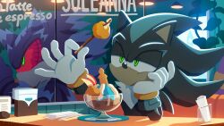 1boy black_fur body_fur chair character_request food green_eyes holding holding_food mephiles_the_dark on_chair sitting solo sonic_(series) sonic_the_hedgehog_official upper_body