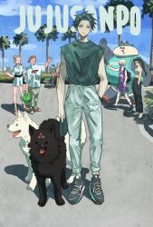 choso_(jujutsu_kaisen) closed_mouth commentary_request dog full_body fushiguro_megumi gyokuken hair_bun hand_in_pocket hands_in_pockets hat highres inumaki_toge itadori_yuuji jujutsu_kaisen kugisaki_nobara looking_at_viewer outdoors panda panda_(jujutsu_kaisen) pants ponytail red_hat shirt shoes short_hair sidelocks sky sleeveless sleeveless_shirt sneakers takeuchi_ryousuke tongue tongue_out turtleneck twintails waving white_hair white_pants wolf zen&#039;in_maki