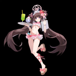 1girl absurdres bead_bracelet beads bikini bikini_skirt blue_archive bracelet breasts brown_hair choker flower food frilled_bikini frills hair_flower hair_ornament halo highleg highleg_bikini highres holding holding_tray jewelry kanzashi long_hair maid_headdress navel official_alternate_costume okobo pink_bikini pink_choker pink_halo platform_sandals purple_eyes sandals shaved_ice shenhai_xianyu_fan shide_hair_ornament shizuko_(blue_archive) shizuko_(swimsuit)_(blue_archive) small_breasts solo swimsuit tray twintails very_long_hair white_headdress
