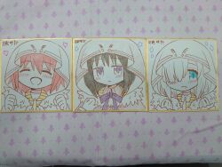 3girls :d ^_^ akemi_homura bad_id bad_twitter_id black_hair blue_eyes blush clenched_hands cloak closed_eyes closed_mouth dot_nose facing_viewer fur_trim gloves hair_over_one_eye hands_up heart hood hood_up hooded_cloak isuzu_ren jitome kaname_madoka long_hair looking_at_viewer magia_record:_mahou_shoujo_madoka_magica_gaiden magical_girl mahou_shoujo_madoka_magica multiple_girls neck_ribbon one_eye_covered open_mouth parted_lips pink_hair purple_eyes purple_ribbon reverse_(bluefencer) ribbon shikishi sidelocks smile traditional_media upper_body white_cloak