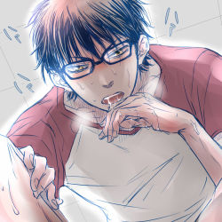 2boys ace_of_diamond aftersex blush fellatio glasses kuramochi_youichi male_focus multiple_boys oral sawamura_eijun sweat yaoi