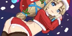 bad_source bikini blonde_hair blony_(mabinogi) blue_eyes eung-eung hat long_hair lowres mabinogi santa_bikini santa_costume santa_hat snowflakes swimsuit thighhighs