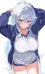 1girl absurdres arm_behind_head arms_up blue_eyes blue_jacket blush breasts closed_mouth collarbone commentary_request crossed_bangs dolphin_shorts gym_uniform hair_between_eyes highres hitachi_sou jacket large_breasts long_hair long_sleeves looking_at_viewer open_clothes open_jacket original shiraga_(hitachi_sou) shirt shorts sidelocks solo standing sweat thighs very_long_hair wavy_mouth white_hair white_shirt