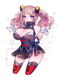 1girl black_nails blue_eyes blush breasts candy cleavage cleavage_cutout closed_mouth clothing_cutout cowboy_shot dress female_focus food hair_ornament highres holding holding_food kaguya_luna large_breasts lollipop looking_at_viewer multicolored_eyes nail_polish obi pink_eyes pink_hair red_thighhighs ribbon sash short_hair sleeveless sleeveless_dress solo speech_bubble t_t the_moon_studio thighhighs twintails virtual_youtuber white_ribbon wrist_ribbon x_hair_ornament yomi_yojo zettai_ryouiki