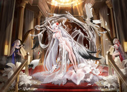 3girls absurdres ahoge arms_up bare_shoulders beads bird black_dress blue_eyes blush breasts chandelier cleavage closed_eyes commentary_request covered_navel crane_(animal) curtains dress earrings falling_feathers feathers flower full_body gem grey_hair hair_flower hair_ornament harp high_heels highres indoors instrument jewelry lantern large_breasts legs long_hair looking_ahead multiple_girls music no_panties original petals playing_instrument red_carpet red_eyes red_flower red_gemstone revealing_clothes ring see-through_clothes see-through_dress sitting sleeveless sleeveless_dress smile stairs standing thighs tree tsuru_ai_momono two-tone_dress very_long_hair white_dress white_flower white_hair white_lily