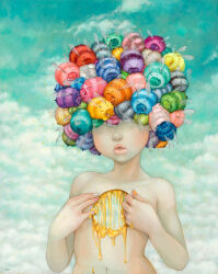 bee bug camilla_d&#039;errico cloud cloudy_sky covered_eyes covering_breasts covering_privates highres honey insect navel nude original painting_(medium) pale_skin parted_lips sky surreal thick_lips traditional_media