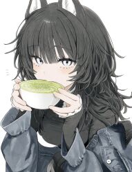 1girl animal_ears black_shirt blue_jacket blunt_bangs buttons commentary cup denim denim_jacket drinking eyelashes frilled_sleeves frills green_tea hair_between_eyes highres holding holding_cup jacket jacket_partially_removed layered_sleeves leaning_forward light_blush long_sleeves notice_lines original shirt simple_background sleeves_past_wrists solo symbol-only_commentary takaya_riku tea teacup upper_body white_background white_eyes wolf_ears