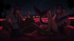 2girls absurdres ahoge akuma_nihmune akuma_nihmune_(1st_costume) animal_ears barefoot black_jacket black_necktie black_thighhighs blue_hair blue_sailor_collar blue_skirt bow breasts cat_ears cat_girl cetacean_tail city_lights cityscape cleavage clothes_pull cocktail_glass collared_shirt commentary commission couch cropped_shirt cup drinking_glass droopy_ears fins fish_tail full_body gem hashtag-only_commentary heart heart_ahoge highres holding holding_cup horns indie_virtual_youtuber jacket jacket_pull jewelry knee_up large_breasts long_hair looking_at_viewer midriff multicolored_hair multiple_girls neckerchief necklace necktie night night_sky numanoan on_couch orca_girl outdoors palm_tree parted_lips pink_light pleated_skirt purple_eyes purple_hair purple_skirt red_bow red_horns red_neckerchief sailor_collar sailor_shirt shirt shylily shylily_(1st_costume) sidelocks single_bare_shoulder single_sidelock sitting skirt sky smile star_(sky) starry_sky striped_necktie symbol-only_commentary tail thigh_bow thighhighs tree two-tone_hair virtual_youtuber white_shirt white_streaks