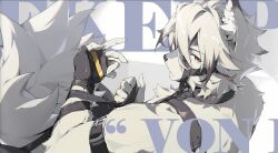 1boy absurdres animal_ear_fluff animal_ears arm_strap black_gloves character_name claws closed_mouth collar eyepatch fingerless_gloves furry furry_male gloves grey_fur hair_between_eyes highres holding incredibly_absurdres leash looking_at_viewer looking_back male_focus mindscape_cinema_(zenless_zone_zero) multicolored_hair official_art one_eye_covered red_eyes short_hair solo streaked_hair tail upper_body von_lycaon white_fur white_hair wolf_boy wolf_ears wolf_tail zenless_zone_zero