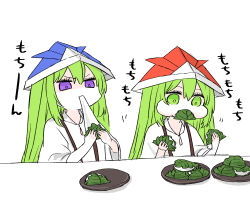 1boy 1other commentary_request dual_persona eating enkidu_(fate) fate/grand_order fate_(series) food food_in_mouth green_eyes green_hair himeko_(nico6v6pachi) holding holding_food kingu_(fate) paper_hat plate purple_eyes robe translation_request white_robe