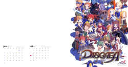 Rule 34 | 10s, 2016, 6+boys, 6+girls, :d, :o, absurdres, antenna hair, archer (disgaea), backpack, bag, bandages, bandana, bandeau, bare shoulders, bat wings, belt, belt bra, bird, black hair, black legwear, blonde hair, blue hair, blunt bangs, bow, bow (weapon), bracelet, braid, breasts, brown hair, calendar, chain, closed eyes, collar, colored skin, copyright name, dated, demon girl, demon tail, detached sleeves, disgaea, drill hair, earrings, etna (disgaea), everyone, february, female angel (disgaea), female brawler (disgaea), female warrior (disgaea), flat chest, flonne, forehead protector, fur trim, gloves, goggles, goggles on head, green hair, grey skin, gun, hair bow, hair over shoulder, hairband, hakama, hakama skirt, half-closed eyes, halo, hand on hilt, handgun, harada takehito, headband, healer (disgaea), high ponytail, highres, hip vent, holding, holding weapon, huge weapon, january, japanese clothes, jewelry, laharl, logo, lolita hairband, long hair, looking at viewer, mage (disgaea), magic knight (disgaea), majin (disgaea), makai senki disgaea, male brawler (disgaea), male healer (disgaea), male warrior (disgaea), mid-boss (disgaea), midriff, miniskirt, multiple boys, multiple girls, navel, ninja (disgaea), official art, official wallpaper, open mouth, orange hair, outstretched arms, over shoulder, pantyhose, pencil skirt, penguin, planted, planted sword, planted weapon, pointy ears, polearm, ponytail, pouch, prinny, quiver, red hair, ribbon trim, ronin (disgaea), sarashi, sash, scarf, scout (disgaea), scythe, shadow, short hair, short twintails, shorts, sidelocks, silver hair, simple background, single braid, skirt, skull, skull (disgaea), skull earrings, slit pupils, smile, spear, spiked hair, staff, standing, stitches, stuffed animal, stuffed toy, sword, tail, thief (disgaea), thighhighs, topless male, twintails, unitard, very long hair, weapon, weapon over shoulder, white background, wings, zettai ryouiki