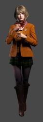 1girl 3d absurdres ashley_graham blonde_hair blue_eyes boots capcom female_focus full_body highres jacket looking_at_viewer non-web_source official_art open_clothes open_jacket pantyhose resident_evil resident_evil_4 resident_evil_4_(remake) scarf short_hair simple_background skirt solo standing sweater