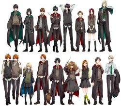 4girls 6+boys black_hair blonde_hair book broom brown_hair chocolate crossed_arms draco_malfoy everyone fred_weasley george_weasley ginny_weasley glasses grin hand_in_pocket harry_potter harry_potter_(series) hermione_granger james_potter kneehighs lily_evans lineup long_hair lucius_malfoy luna_lovegood multiple_boys multiple_girls nakagawa_waka necktie neville_longbottom peter_pettigrew ponytail red_hair regulus_arcturus_black regulus_black remus_lupin ron_weasley school_uniform severus_snape siblings side_ponytail sirius_black skirt smile socks spiked_hair sweater_vest twins wand wizarding_world
