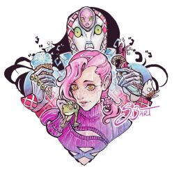 Rule 34 | 1boy, 1other, argyle skin, cleavage cutout, clothing cutout, colored sclera, commentary, cropped torso, english commentary, epitaph (jojo), food, freckles, frog, green sclera, holding, holding food, holding frog, holding ice cream, ice cream, ice cream cone, jojo no kimyou na bouken, king crimson (stand), long bangs, looking at viewer, male focus, medium hair, menacing (jojo), painting (medium), pink hair, pink lips, pink sweater, ponytail, si3art, signature, smile, stand (jojo), sweater, teeth, traditional media, turtleneck, turtleneck sweater, vento aureo, vinegar doppio, watercolor (medium), white background, yellow eyes