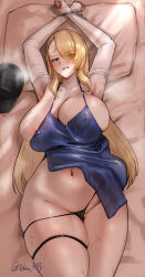 Rule 34 | 1girl, absurdres, areola slip, armpits, arms up, bare shoulders, bed sheet, bikini, bikini bottom only, bikini bottom pull, black bikini, black hat, blonde hair, blue dress, blue eyes, blush, bound, bound wrists, breasts, brown dust (series), brown dust 2, clothes lift, collarbone, commentary request, covered erect nipples, cowboy shot, cuffs, curvy, detached sleeves, dress, dress lift, earrings, eyes visible through hair, groin, hair between eyes, hair over one eye, handcuffs, hat, highres, jewelry, large breasts, long hair, looking at viewer, lying, navel, nose blush, official alternate costume, on back, parted lips, pillow, shadow, sidelocks, skindentation, sleeveless, sleeveless dress, sleeves past wrists, solo, steaming body, stomach, sweat, swimsuit, tebingo, thick thighs, thigh strap, thighs, twitter username, unworn hat, unworn headwear, very long hair, white sleeves, wide hips, wilhelmina (brown dust)