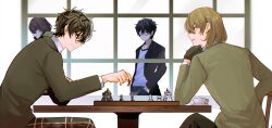 2boys absurdres akechi_gorou amamiya_ren black_hair black_jacket board_game brown_hair chess fsmaichobpeg0 grey_jacket highres jacket male_focus multiple_boys open_mouth persona persona_5 reflection short_hair sitting smile window