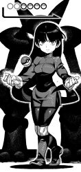 1girl alakazam black_bodysuit blunt_bangs bodysuit boots breasts creatures_(company) crossed_legs dress expressionless eyelashes floating floating_object full_body game_freak gen_1_pokemon gloves greyscale hands_up heads-up_display highres hime_cut ireading knee_boots long_hair long_sleeves looking_at_viewer monochrome nintendo poke_ball pokemon pokemon_(creature) pokemon_frlg sabrina_(pokemon) short_dress silhouette standing telekinesis user_interface watson_cross white_background white_gloves