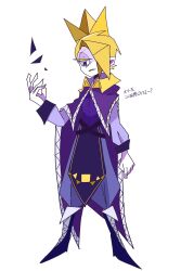 1boy belt black_belt blonde_hair blue_boots blue_tabard boots bright_pupils cape clenched_hand collared_shirt colored_eyelashes crossed_belts crown expressionless frown full_body hair_over_one_eye half-closed_eye high-waist_pants highres king_olly lace-up_boots long_sleeves looking_ahead male_focus mario_(series) nintendo object_floating_above_hand pale_skin pants paper_mario paper_mario:_the_origami_king parted_lips personification pointy_footwear puffy_pants purple_cape purple_eyes purple_pants purple_shirt purple_sleeve_cuffs shards shirt short_hair simple_background solo standing tabard translation_request white_background white_pupils yellow_crown yuzutsan