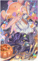 Rule 34 | 1girl, abigail williams (fate), absurdres, alphonse (white datura), blonde hair, bloomers, blue eyes, bug, butterfly, candle, candy, dress, fate/grand order, fate (series), food, frilled dress, frills, halloween, high heels, highres, insect, key, keyhole, long hair, looking at viewer, open mouth, parted bangs, pumpkin, solo, sparkle, stuffed animal, stuffed toy, teddy bear, tentacles, ufo, underwear, white bloomers