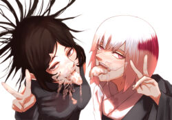 2girls after_fellatio blush breasts brown_hair cum cum_in_mouth cum_on_body facial ikecchi_(hayato_moon) jujutsu_kaisen looking_at_viewer multiple_girls open_mouth red_eyes tongue tongue_out uraume_(jujutsu_kaisen) v yorozu_(jujutsu_kaisen)
