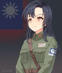 Rule 34 | 1girl, absurdres, artist name, belt, black hair, breast pocket, brown belt, closed mouth, commentary, flag background, green jacket, highres, jacket, kuomintang, leochan1202, long hair, long sleeves, military, military rank insignia, military uniform, national revolutionary army, orange eyes, original, pocket, republic of china flag, smile, solo, upper body, world war ii