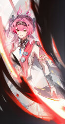 Rule 34 | 1girl, absurdres, armor, black bow, bodysuit, bow, breastplate, breasts, collar, commentary, earrings, green eyes, hair between eyes, hair bow, hair ornament, hairband, headgear, highres, huqu (huqu45712), jewelry, long hair, looking at viewer, lupa (wuthering waves), medium breasts, metal collar, metal hairband, multiple hair bows, parted lips, pink hair, red pupils, red sash, sash, smile, solo, tail, v-shaped eyebrows, white bodysuit, wolf tail, wrist guards, wuthering waves