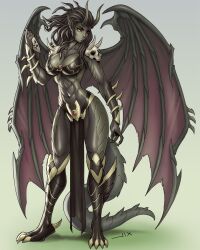 1girl abs breasts claws colored_skin commentary commission contrapposto digitigrade dragon_girl dragon_horns dragon_tail dragon_wings english_commentary full_body gradient_background green_background green_hair green_skin hair_pulled_back highres holding holding_mask horns luigiix mask medium_breasts medium_hair navel original pelvic_curtain pointy_ears red_eyes scales skull solo standing tail toned toned_female vambraces wings