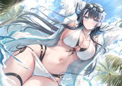 1girl armpits arms_behind_head arms_up bare_shoulders bikini black_bikini black_hair blue_eyes breasts choker cleavage closed_mouth commentary cowboy_shot day dutch_angle expressionless eyewear_on_head floating_hair front-tie_bikini_top front-tie_top highleg highleg_bikini highres jacket jewelry large_breasts layered_bikini long_hair looking_at_viewer mole mole_under_eye multicolored_hair navel necklace open_clothes open_jacket original outdoors side-tie_bikini_bottom solo stomach streaked_hair string_bikini sunglasses swimsuit thigh_gap thigh_strap thighs tomoo_(tomo) very_long_hair white_bikini white_choker white_jacket