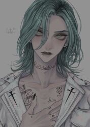 Rule 34 | 1boy, absurdres, black nails, ckshax, collarbone, collarbone tattoo, earrings, fingernails, gradient eyes, green hair, grey background, hair over one eye, highres, jacket, jewelry, long fingernails, long hair, looking at viewer, male focus, mouth piercing, multicolored eyes, neck tattoo, open clothes, original, parted bangs, parted lips, simple background, tattoo, teeth, upper body, white jacket