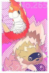 animal_nose border brown_eyes brown_fur bug claws closed_mouth creatures_(company) full_body game_freak gen_3_pokemon highres horns ja6m6 looking_at_viewer nintendo no_humans outside_border pink_background pokedex_number pokemon pokemon_(creature) single_horn white_border wurmple yellow_eyes zigzagoon