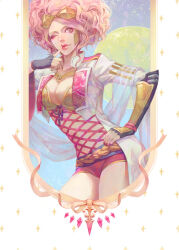 Rule 34 | afro, breasts, brown eyes, cleavage, coat, curly hair, finger to mouth, fingernails, fishnet leotard, fishnets, koshoushou, large breasts, leotard, lips, lipstick, makeup, medium hair, nail polish, one eye closed, pink hair, pink nails, sengoku musou, short shorts, shorts, thighs, wink, yoshicha