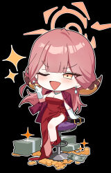 1girl ;d aru_(blue_archive) aru_(dress)_(blue_archive) banknote black_background blue_archive blunt_bangs blush breasts chibi cleavage coin commentary demon_girl demon_horns dress dress_flower earrings flower full_body gloves halo hand_up high_heels highres hip_vent horns jacket jacket_on_shoulders jewelry large_breasts long_hair money necklace official_alternate_costume official_alternate_hairstyle okkimon one_eye_closed open_mouth pink_hair pink_halo red_dress red_flower red_footwear red_jacket red_rose rose simple_background sitting smile smug solo sparkle stool strapless strapless_dress tsurime v-shaped_eyebrows white_gloves