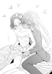 2girls bare_arms bare_shoulders blush bow_hairband bridal_veil closed_mouth commentary dark-skinned_female dark_skin dress ebizuka_tomo female_focus formal_clothes girls_band_cry greyscale hairband hand_on_another&#039;s_thigh heart highres holding_hands lwmina70119 mole mole_under_eye monochrome multiple_girls rupa_(girls_band_cry) see-through_clothes short_hair smile strapless strapless_dress suit thighhighs tuxedo veil wedding_dress wife_and_wife yuri