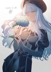 Rule 34 | 1girl, beret, black pantyhose, breasts, caren hortensia, dress, fate/hollow ataraxia, fate/stay night, fate (series), flower, hat, highres, layered sleeves, long hair, long sleeves, medium breasts, noko morokoshi, nun, pantyhose, signature, solo, thighs, type-moon, wavy hair, white hair, yellow eyes