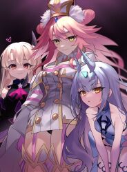 3girls akaneko016 animal_ear_fluff animal_ears ascot bare_shoulders black_dress blush breasts buttons cleavage coat detached_collar detached_sleeves double-breasted double_bun dress earrings fate/grand_order fate/kaleid_liner_prisma_illya fate_(series) forked_eyebrows garter_straps gloves hair_between_eyes hair_bun hair_ornament hat highres horns illyasviel_von_einzbern jewelry koyanskaya_(assassin)_(third_ascension)_(fate) koyanskaya_(fate) large_breasts layered_skirt long_hair long_sleeves looking_at_viewer melusine_(fate) melusine_(swimsuit_ruler)_(fate) melusine_(swimsuit_ruler)_(second_ascension)_(fate) multiple_girls one-piece_swimsuit one_side_up open_clothes open_coat pink_gloves pink_hair prisma_illya purple_skirt rabbit_ears red_eyes red_skirt revision short_dress sidelocks skirt small_breasts smile swimsuit tamamo_(fate) testament_(fate) thighhighs thighlet thighs very_long_hair white_coat white_dress white_hair white_hat white_one-piece_swimsuit white_thighhighs wide_sleeves yellow_eyes
